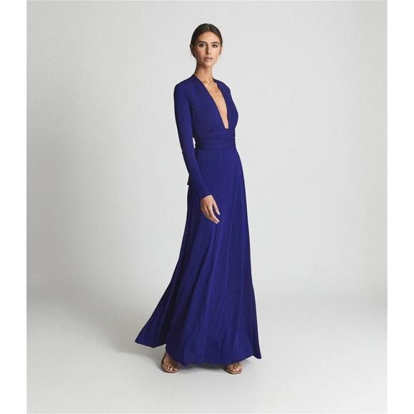 New w/Tags REISS Bailey-Jersey Cobalt Blue Plunge Neck Maxi Dress US 6 RT $475 - Picture 2 of 14